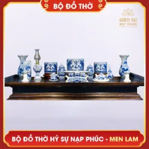 Bộ đồ thờ men lam Hỷ Sự Nạp Phúc