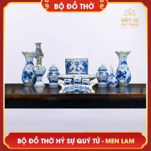 Bộ đồ thờ men lam Hỷ Sự Quý Tử