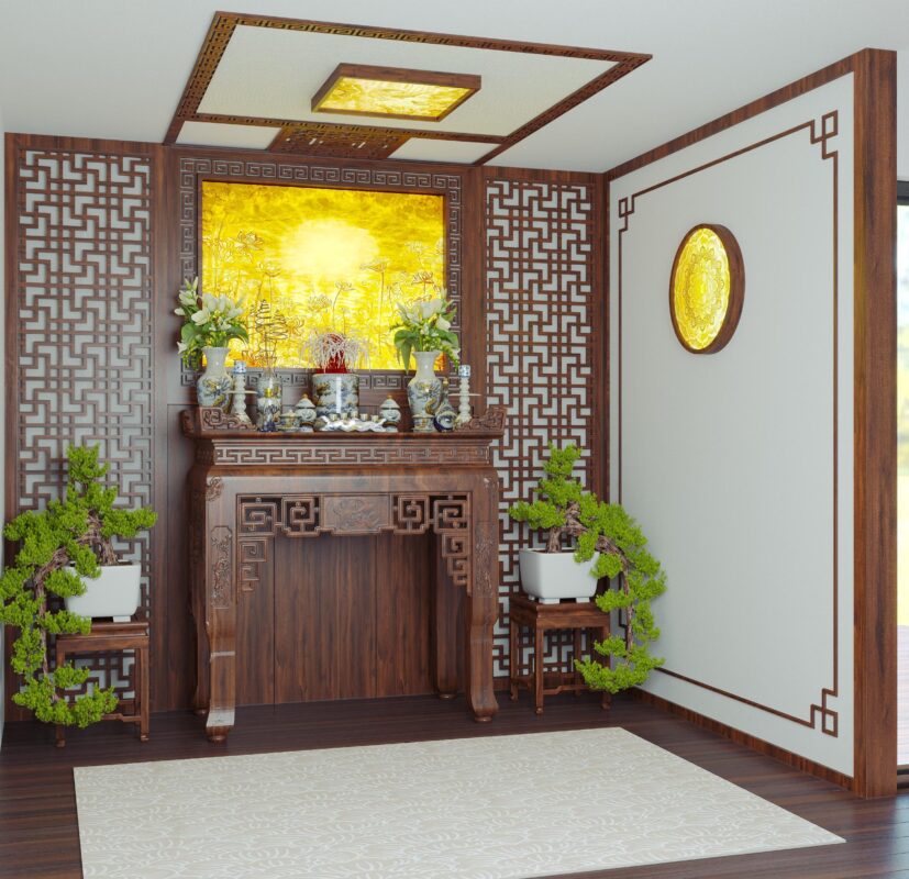 Bộ đồ thờ men rạn Hỷ Sự Quý Tử Hình ảnh thiết kế 3D không gian thờ tại nhà khách - bộ đồ thờ 1 bát hương