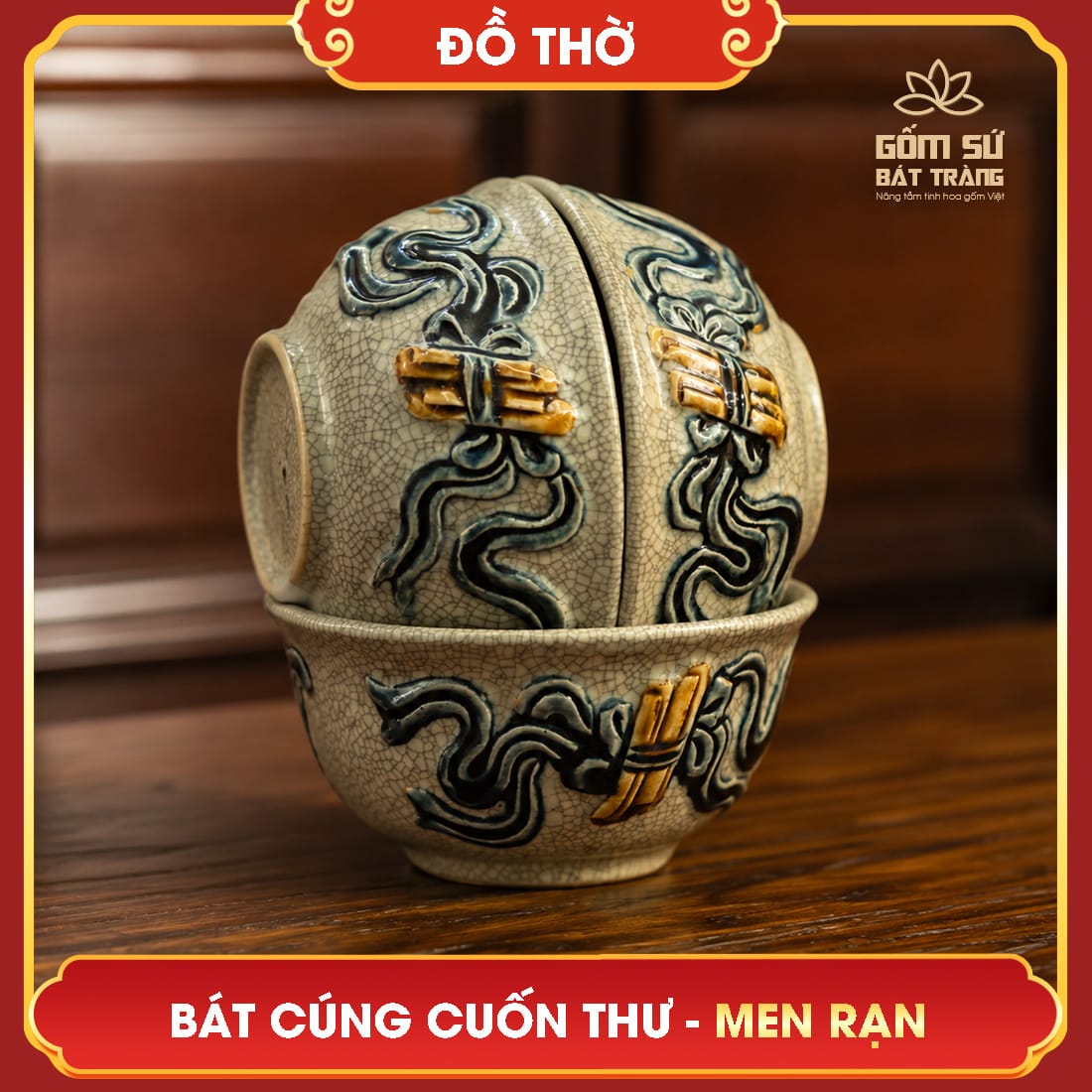 Bát cúng Cuốn Thư men rạn bat cung cuon thu men ran 8
