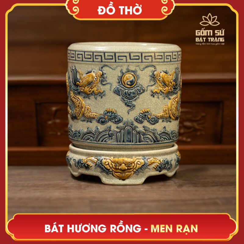 Bát hương Lưỡng Long Chầu Nguyệt men rạn Bát hương Lưỡng Long Chầu Nguyệt Men Rạn chế tác từ chất liệu gốm Bát Tràng cao cấp phủ Men Rạn Quý Hiếm