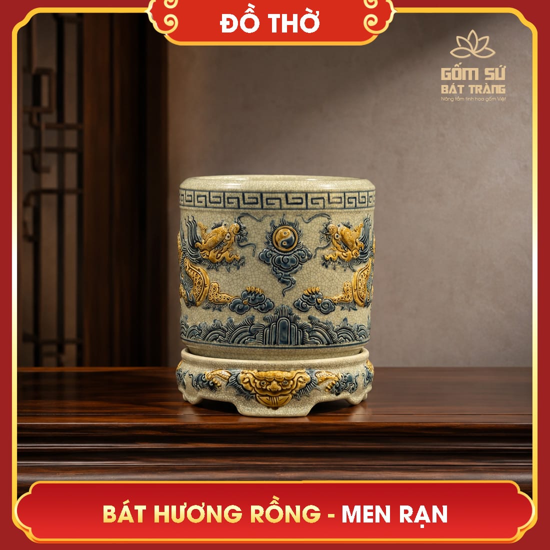 Bát hương Lưỡng Long Chầu Nguyệt men rạn Bát hương Lưỡng Long Chầu Nguyệt Men Rạn chế tác từ chất liệu gốm Bát Tràng cao cấp phủ Men Rạn Quý Hiếm