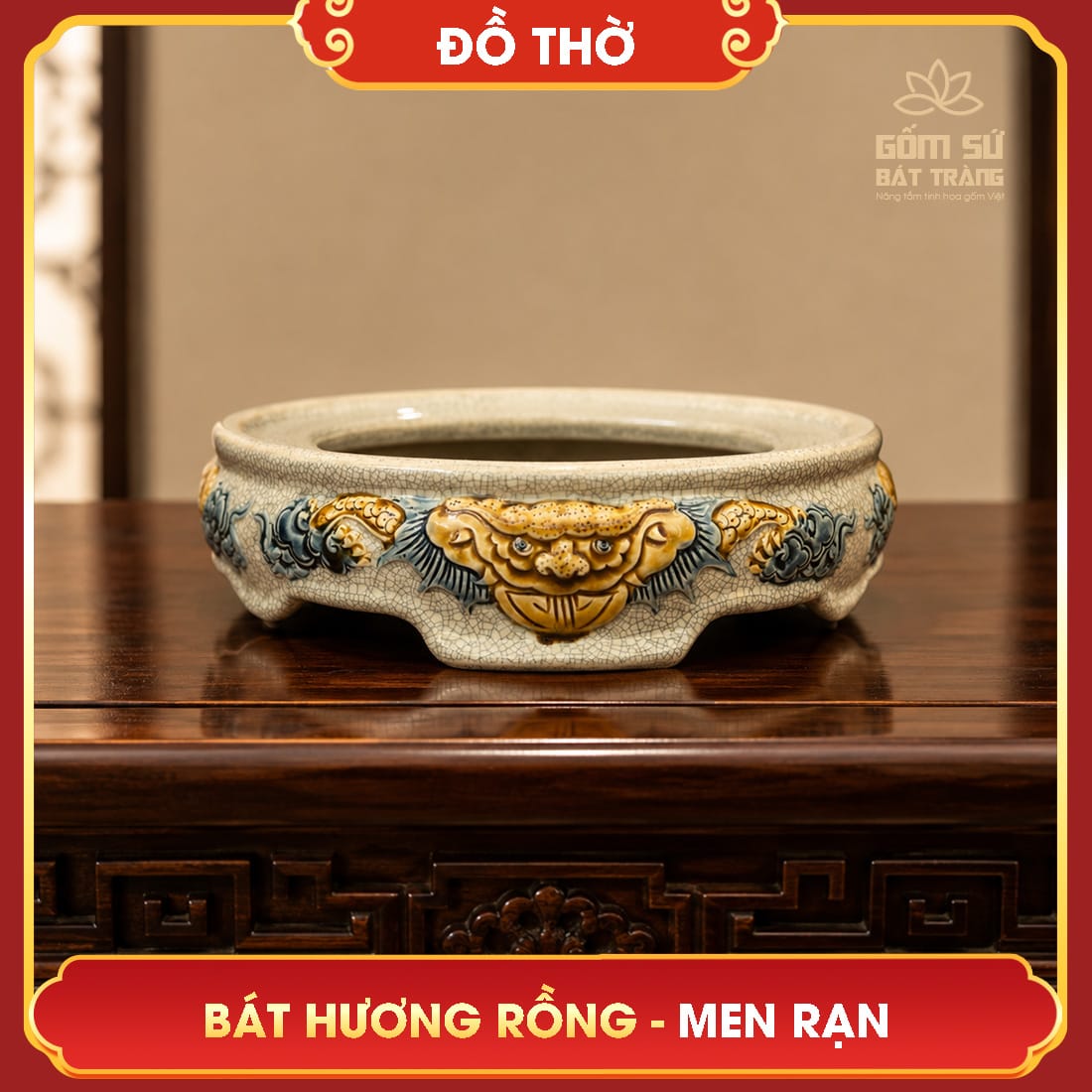 Bát hương Lưỡng Long Chầu Nguyệt men rạn Theo quan niệm tâm linh xưa, Rồng là loài vật linh thiêng đứng đầu trong Tứ linh: Long - Lân - Quy - Phụng, tượng trưng cho sức mạnh tuyệt đối và năng lượng của Đất Trời, đại diện cho vương quyền, thần quyền