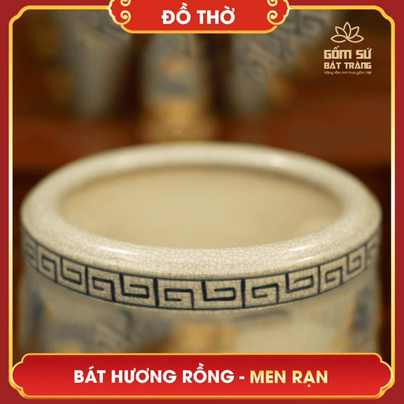 Bát hương Lưỡng Long Chầu Nguyệt men rạn Lớp men Rạn hoàn hảo trên sản phẩm được tạo ra từ quá trình nung liên tục suốt 12 giờ ở 1260 độ C, để nguội trong 12 sau cho men tự rạn