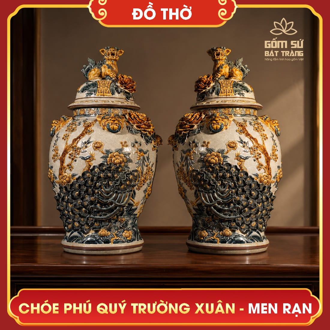Chóe Phú Quý Trường Xuân men rạn Chóe Phú Quý Trường Xuân men rạn của Gốm Sứ Bát Tràng đưa hình tượng công, hoa đào, hoa phù dung lên chóe mang ý nghĩa phú quý giàu sang, an khang thịnh vượng