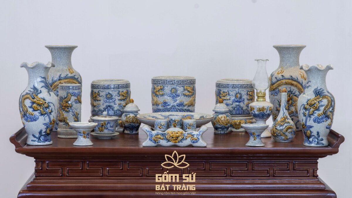 Ống hương Rồng men rạn Bộ đồ thờ men rạn có sử dụng vật phẩm ống hương hoạ tiết Rồng