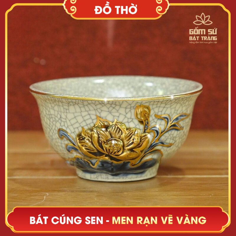 Bát cúng Hoa Sen men rạn vẽ vàng bat cung hoa sen men ran ve vang 2