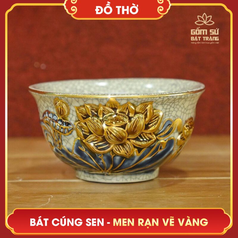 Bát cúng Hoa Sen men rạn vẽ vàng bat cung hoa sen men ran ve vang 4