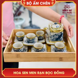 Bộ ấm chén Hoa Sen men rạn bọc đồng bo am chen bat trang hoa sen men ran boc dong 3