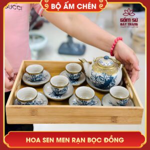 Bộ ấm chén Hoa Sen men rạn bọc đồng bo am chen bat trang hoa sen men ran boc dong 6