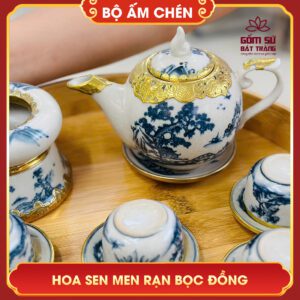 Bộ ấm chén Hoa Sen men rạn bọc đồng bo am chen bat trang hoa sen men ran boc dong 7