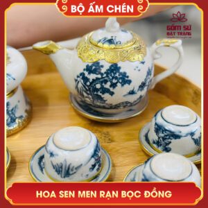 Bộ ấm chén Hoa Sen men rạn bọc đồng bo am chen bat trang hoa sen men ran boc dong 8