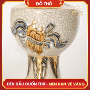 Đèn dầu Cuốn Thư men rạn vẽ vàng den dau cuon thu men ran ve vang 3