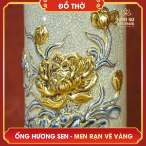Ống hương Hoa Sen men rạn vẽ vàng ong huong hoa sen men ran ve vang 3