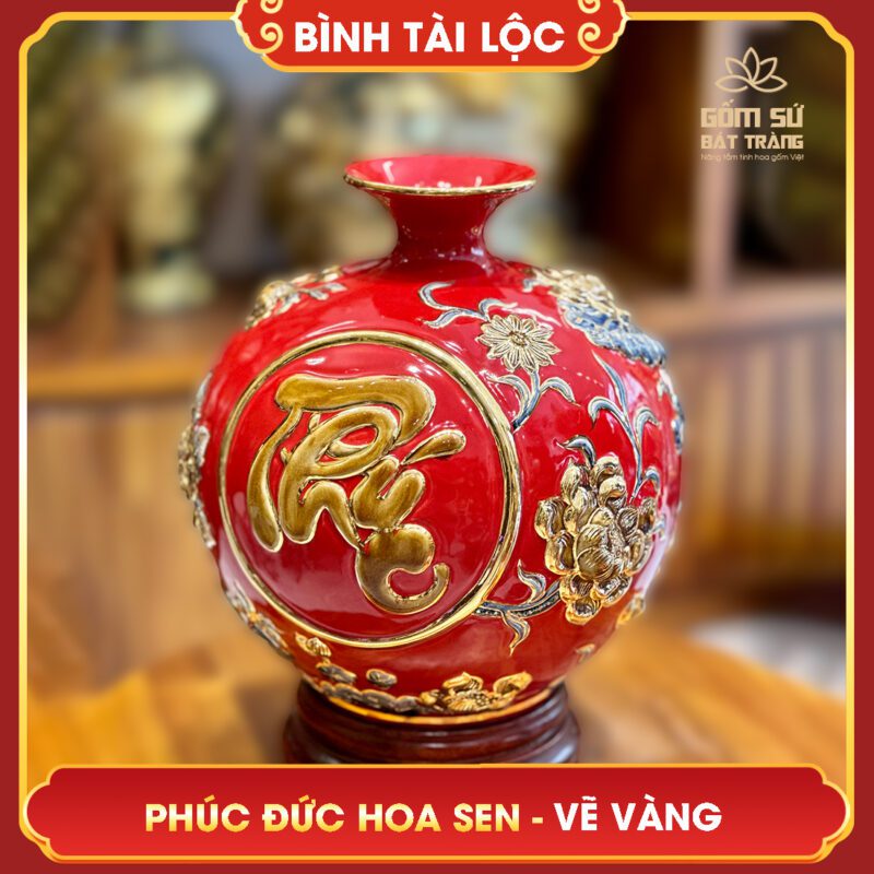 Bình tài lộc vẽ vàng Sen Phú Quý H30 binh tai loc phuc duc hoa sen ve vang 1