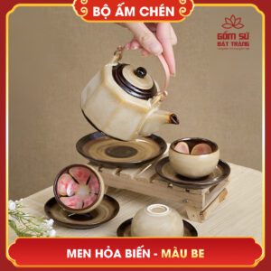 Bộ ấm chén men hỏa biến màu be bo am chen men hoa bien mau be 4