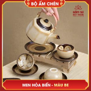 Bộ ấm chén men hỏa biến màu be bo am chen men hoa bien mau be 7