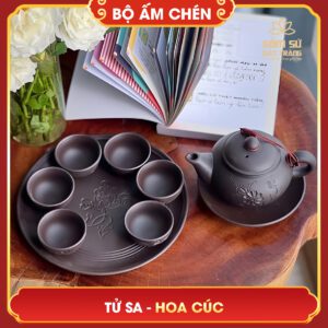 Bộ ấm chén Tử Sa hoa cúc bo am chen tu sa mau den 2