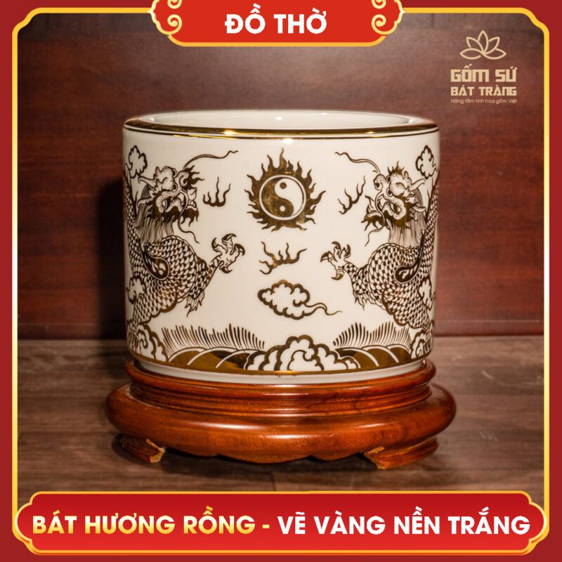 Bát hương Lưỡng Long Chầu Nguyệt vẽ vàng nền trắng bat huong luong long chau nguyet ve vang nen trang 1