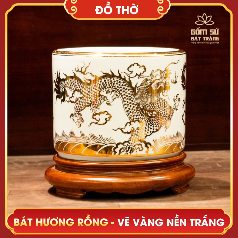 Bát hương Lưỡng Long Chầu Nguyệt vẽ vàng nền trắng bat huong luong long chau nguyet ve vang nen trang 2