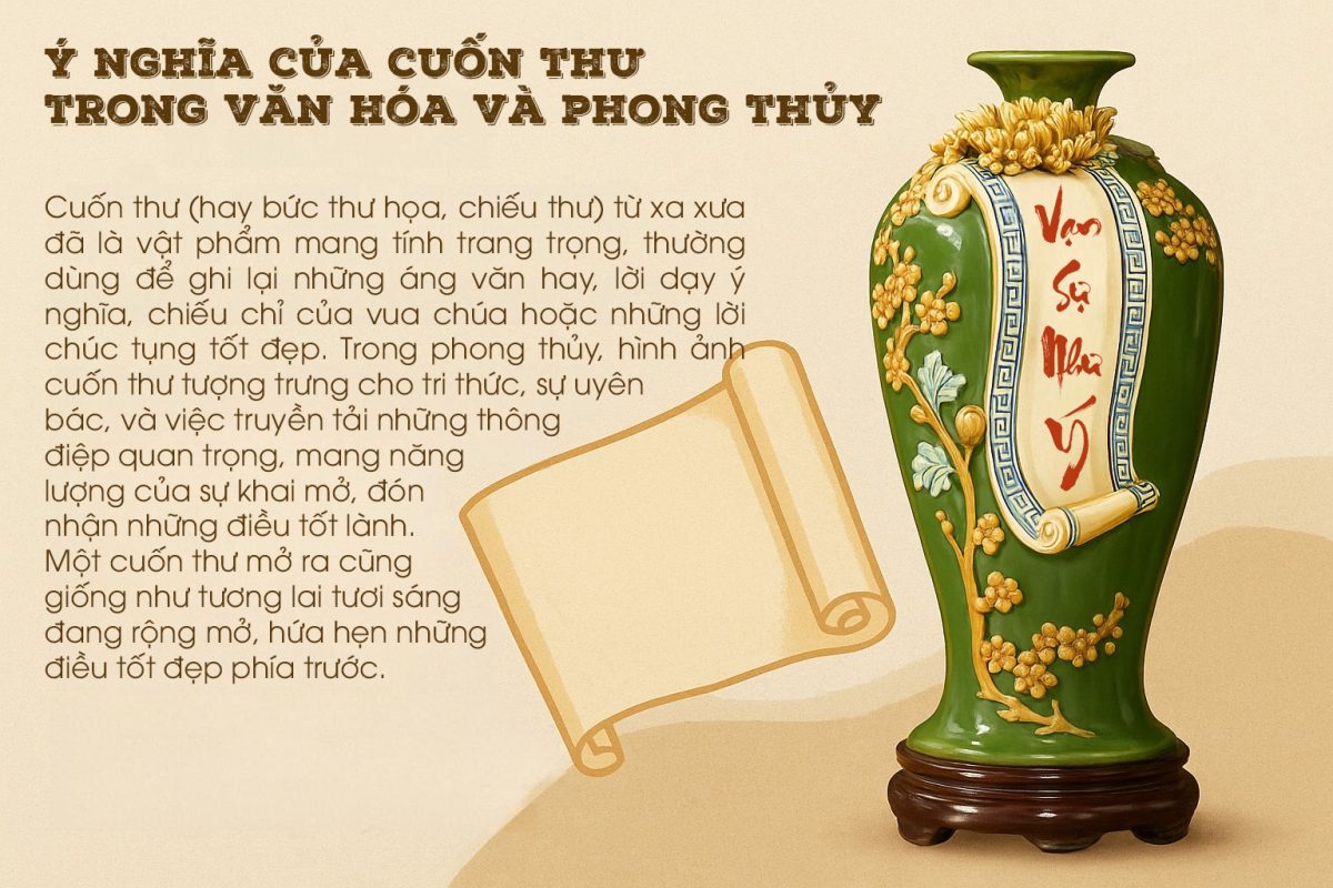 Mai bình tích lộc men màu Vạn Sự Như Ý H42 Ý nghĩa của họa tiết cuốn thư trên mai bình tích lộc men màu Vạn Sự Như Ý H42