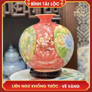 Bình tài lộc vẽ vàng nhị cảnh Liên Ngư Khổng Tước H35 binh tai loc ve vang nhi canh lien ngu khong tuoc h35 6
