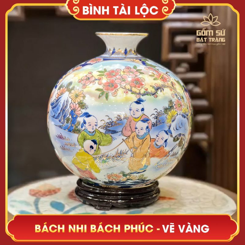 Bình tài lộc vẽ vàng Sen Phú Quý H30 binh tai loc ve vang bach nhi bach phuc h32 1