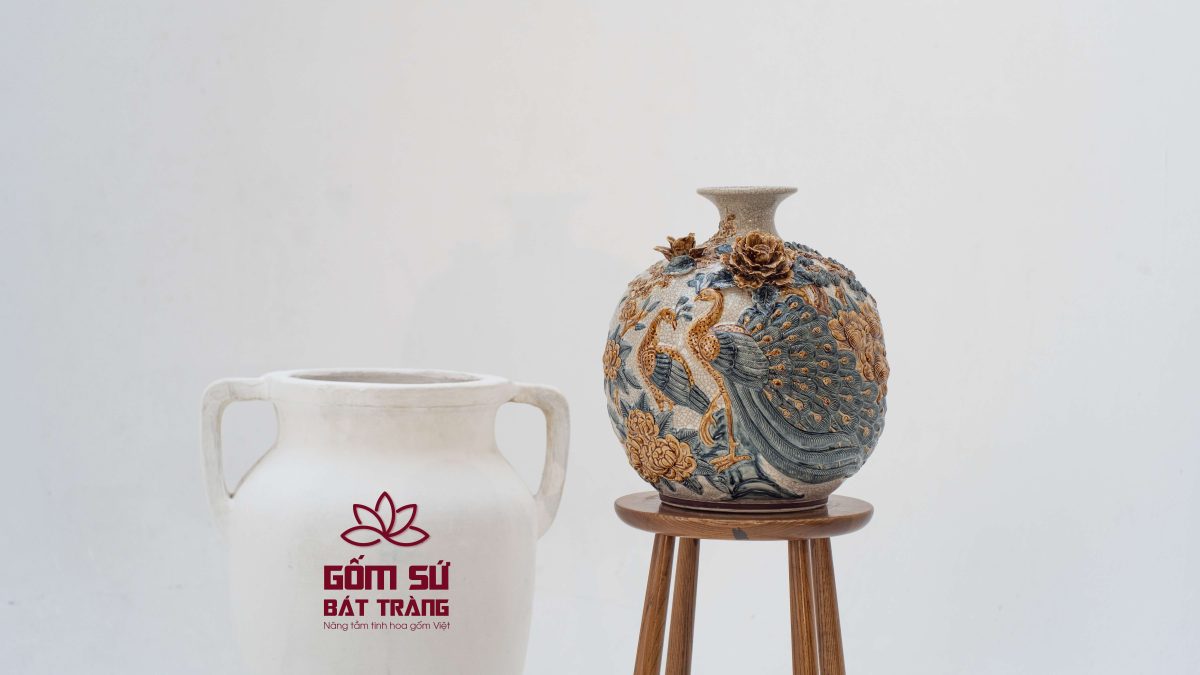 Bình tài lộc vẽ vàng Sen Phú Quý H30 binh hut tai loc gom bat trang 2