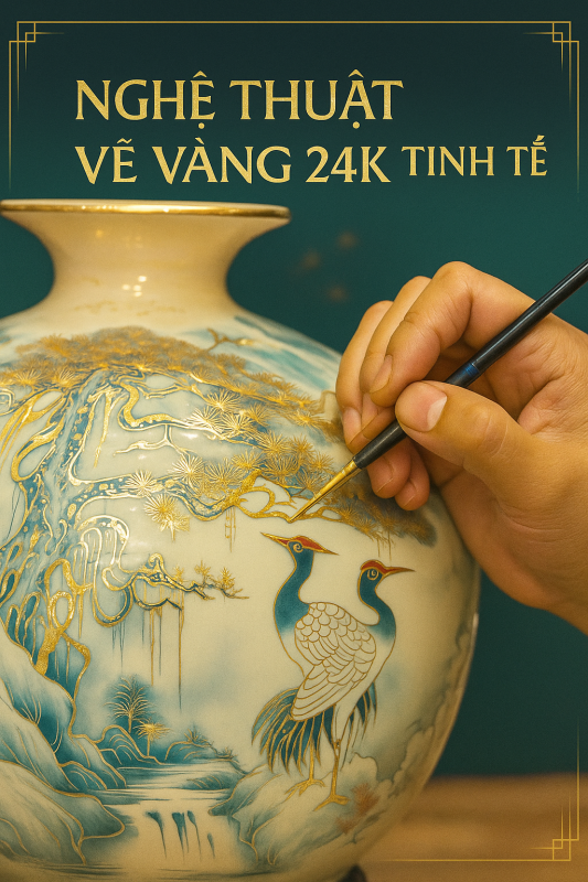 Bình tài lộc vẽ vàng Tùng Hạc Diên Niên Hội H35 nghệ nhân vẽ vàng 24K trên bình tài lộc vẽ vàng Tùng Hạc Diên Niên Hội H35