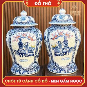 Chóe Tứ Cảnh Cổ Đồ men gấm ngọc choe tu canh co do men gam ngoc 3