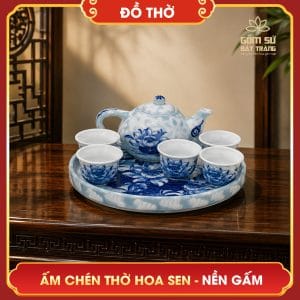 Ấm chén thờ Hoa Sen nền gấm am chen tho hoa sen nen gam 3