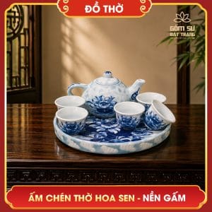 Ấm chén thờ Hoa Sen nền gấm am chen tho hoa sen nen gam 4